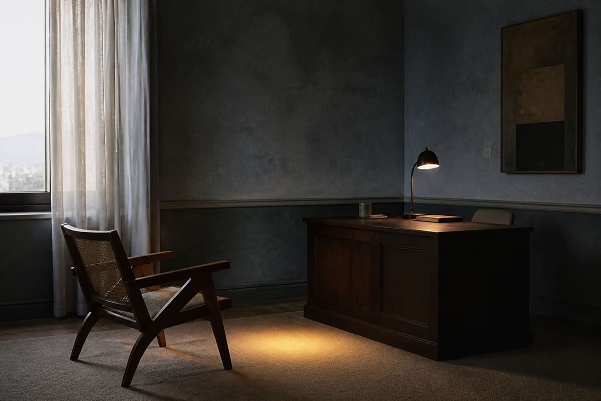 Sala de consulta. Luz de ventana, escritorio y un sillón.